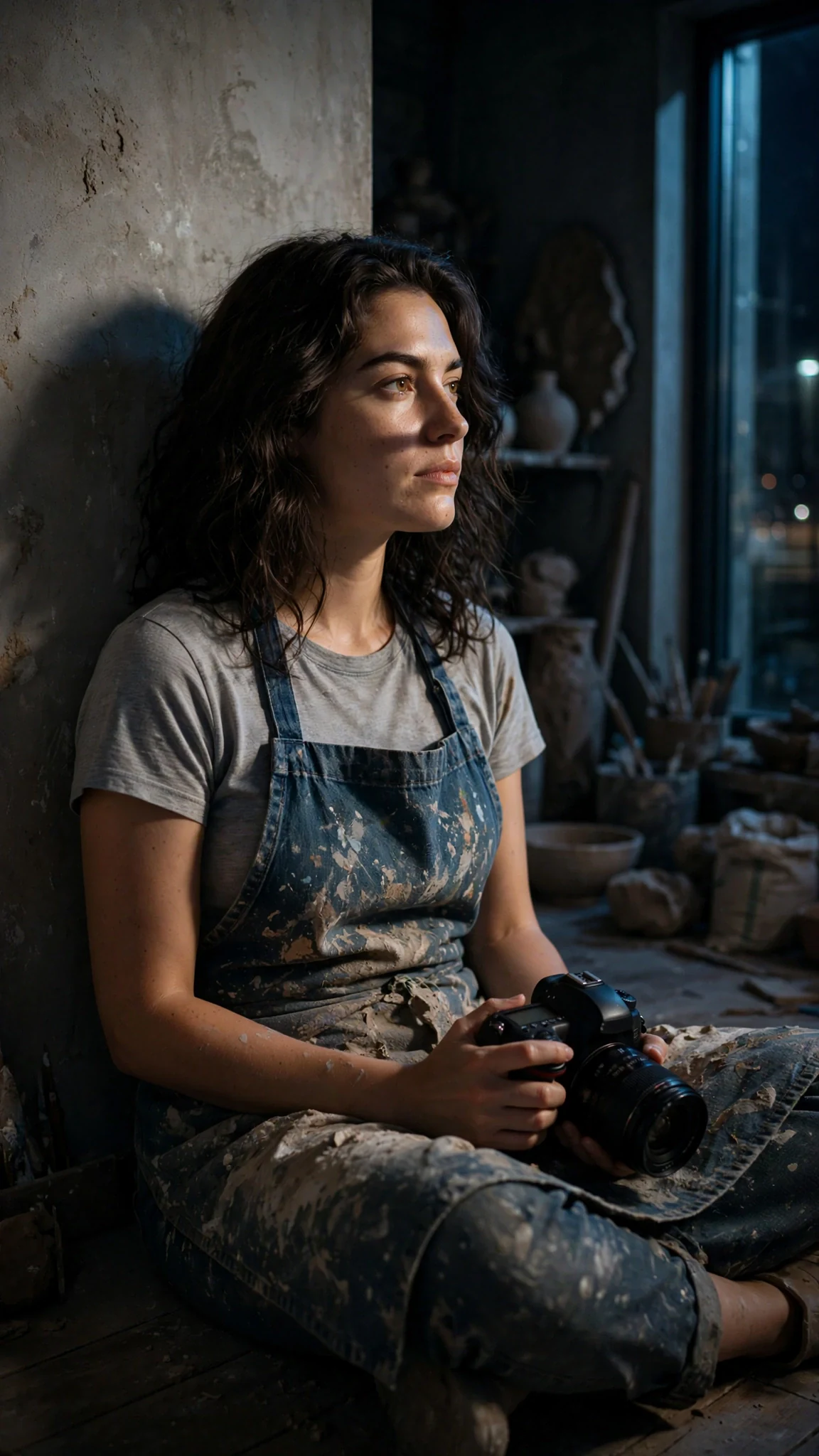 Faye sits on the floor in the dark studio with her camera in her lap.