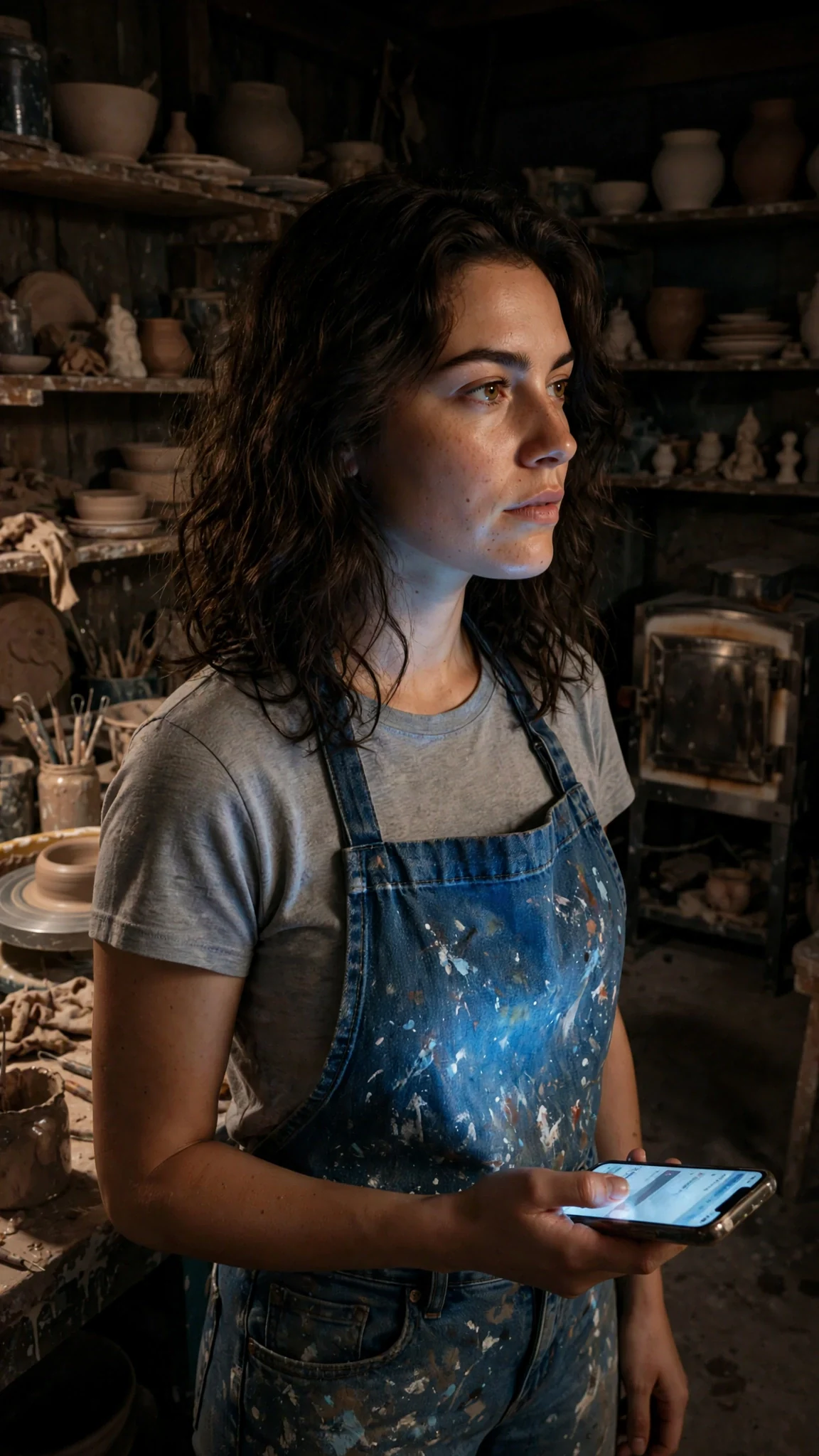 Faye stands alone in her clay studio, phone glowing in her hand, listening to a silent building.