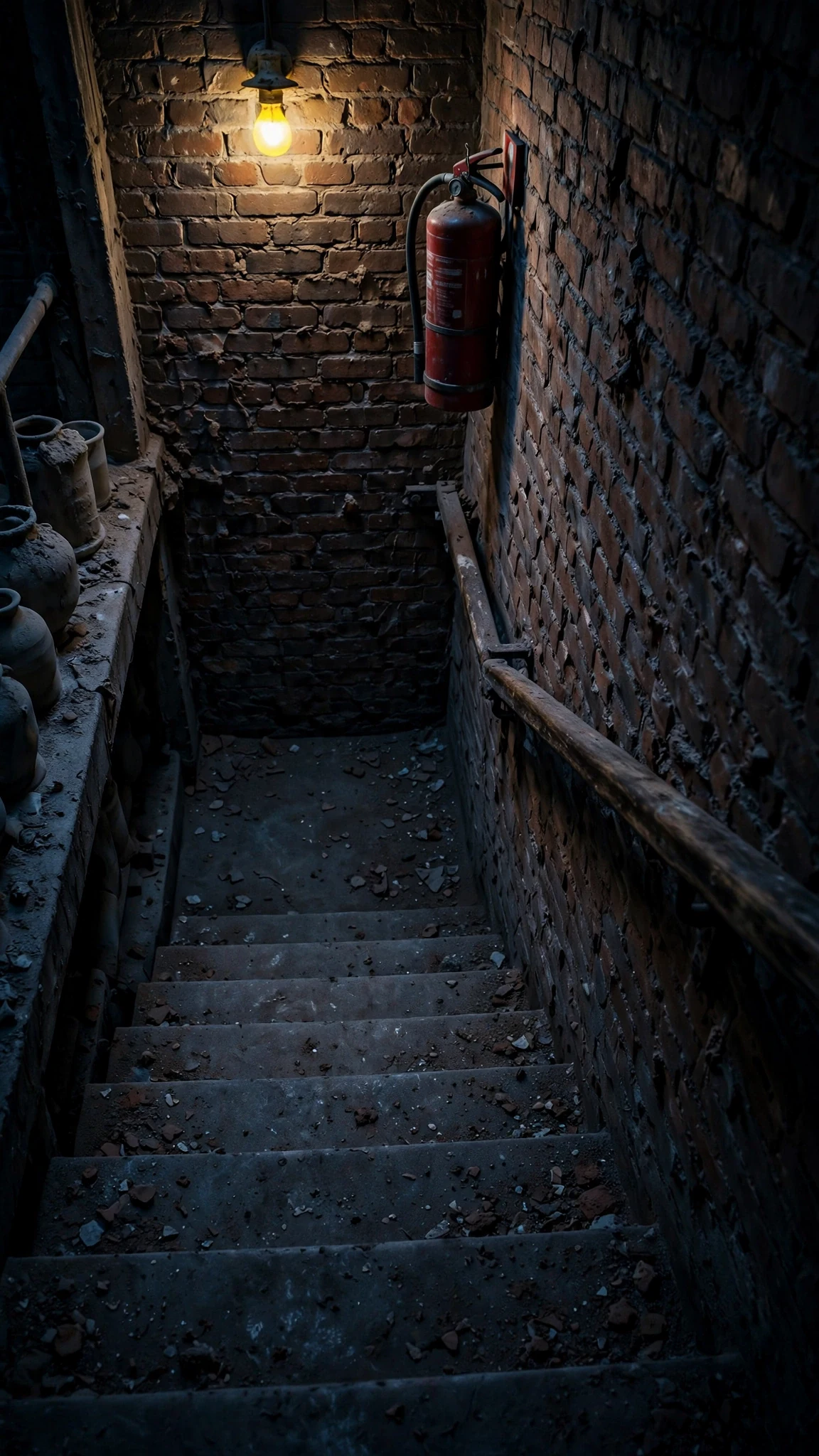 A red fire extinguisher on a bracket beside a pale stairwell railing.