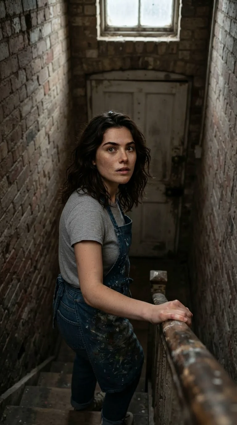 Faye freezes halfway down the stairs, one hand on the rail, looking up.