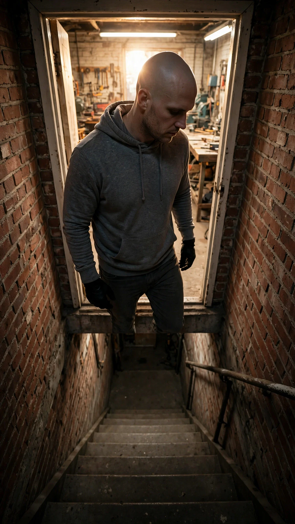 A shaved-headed man in a gray hoodie steps out of the studio doorway at the top of the stairs.