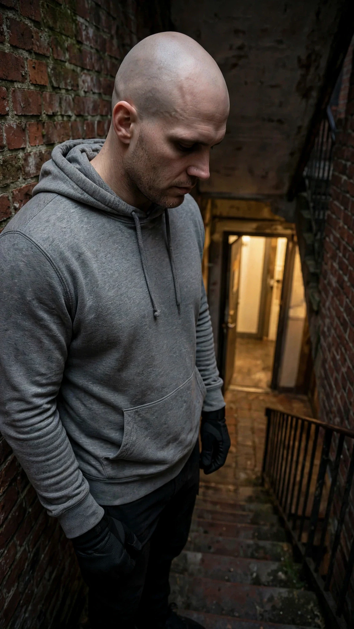 Close shot of Coyle at the top of the stairs, calm and unhurried, looking down at Faye.