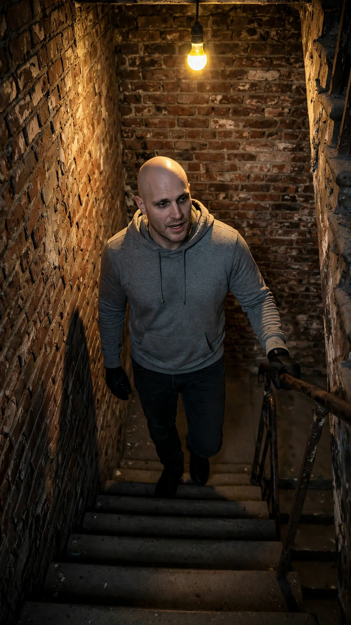 Coyle walks down the stairs one slow step at a time.