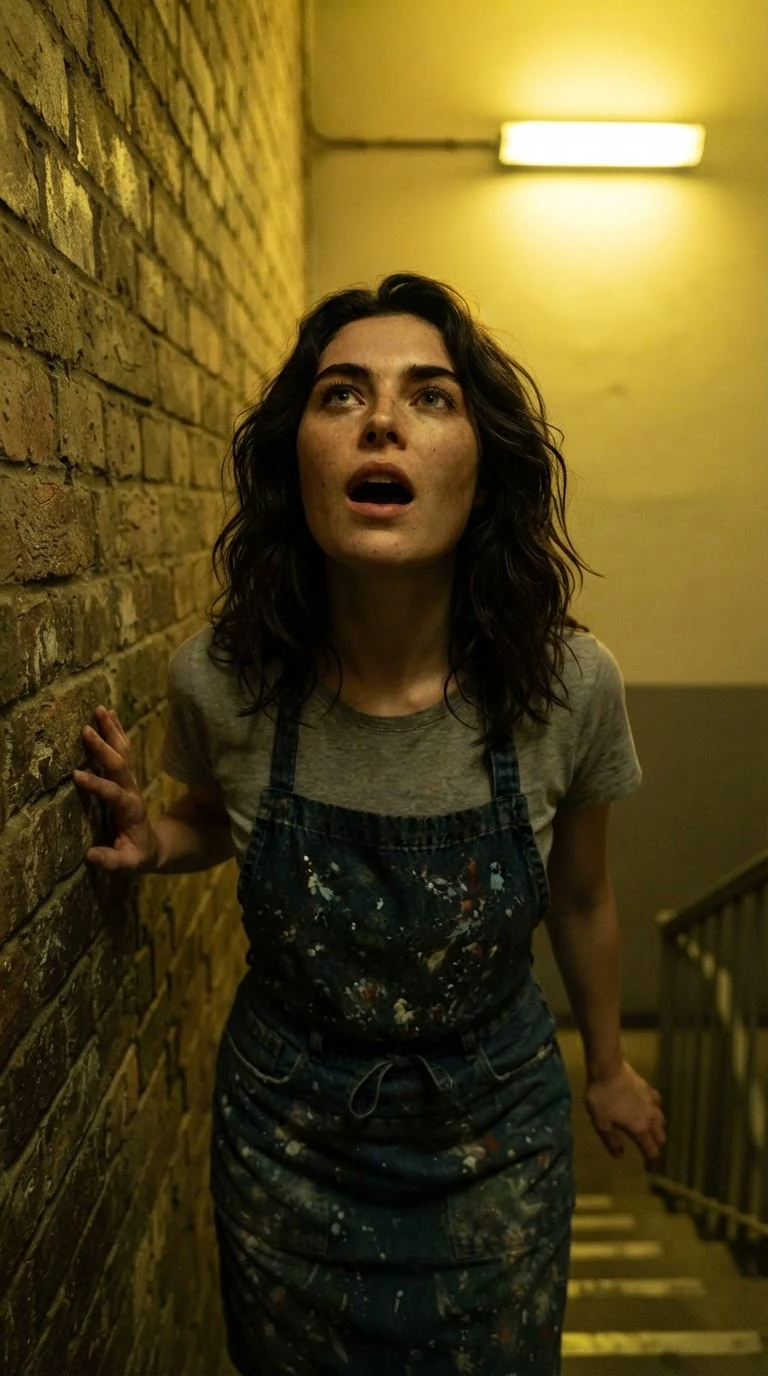 Faye backed against the stairwell wall, chin up, hands flat on the bricks.