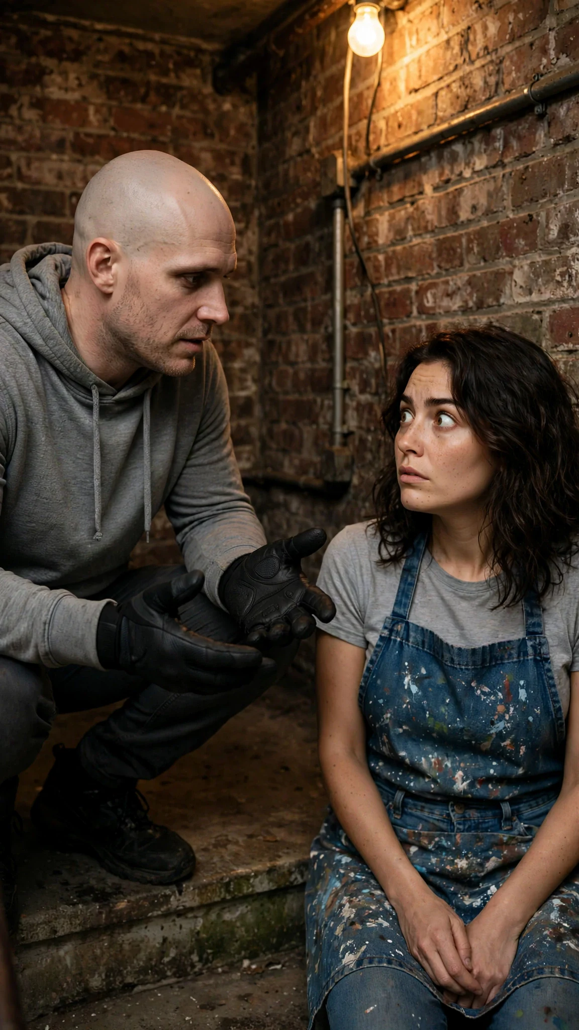Coyle crouches down to Faye's level on the stairs, talking quietly.