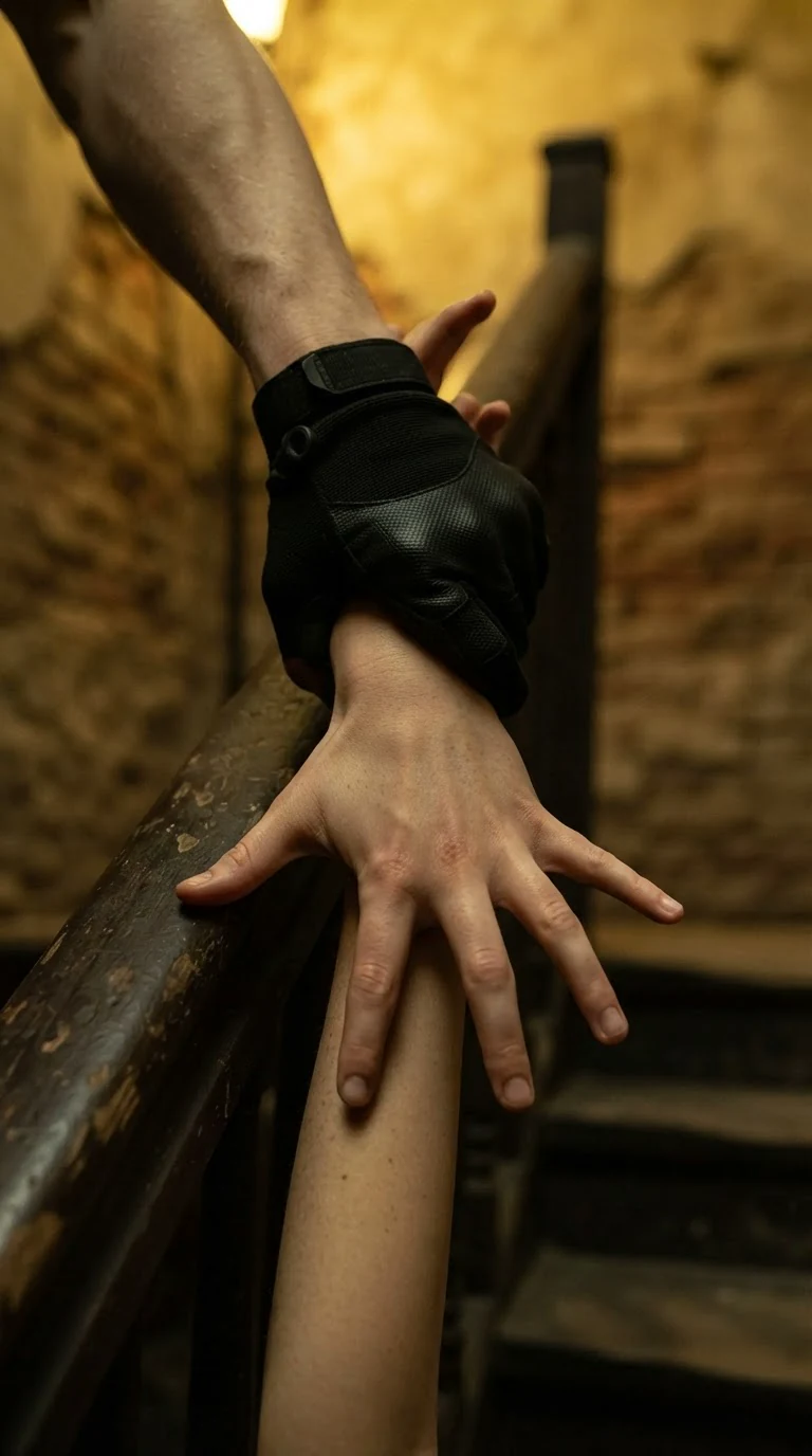 A black-gloved hand closes around Faye's wrist on the stair rail.