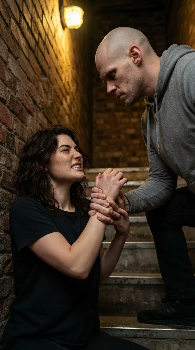 Coyle holds Faye's wrist up between them and speaks into her face.