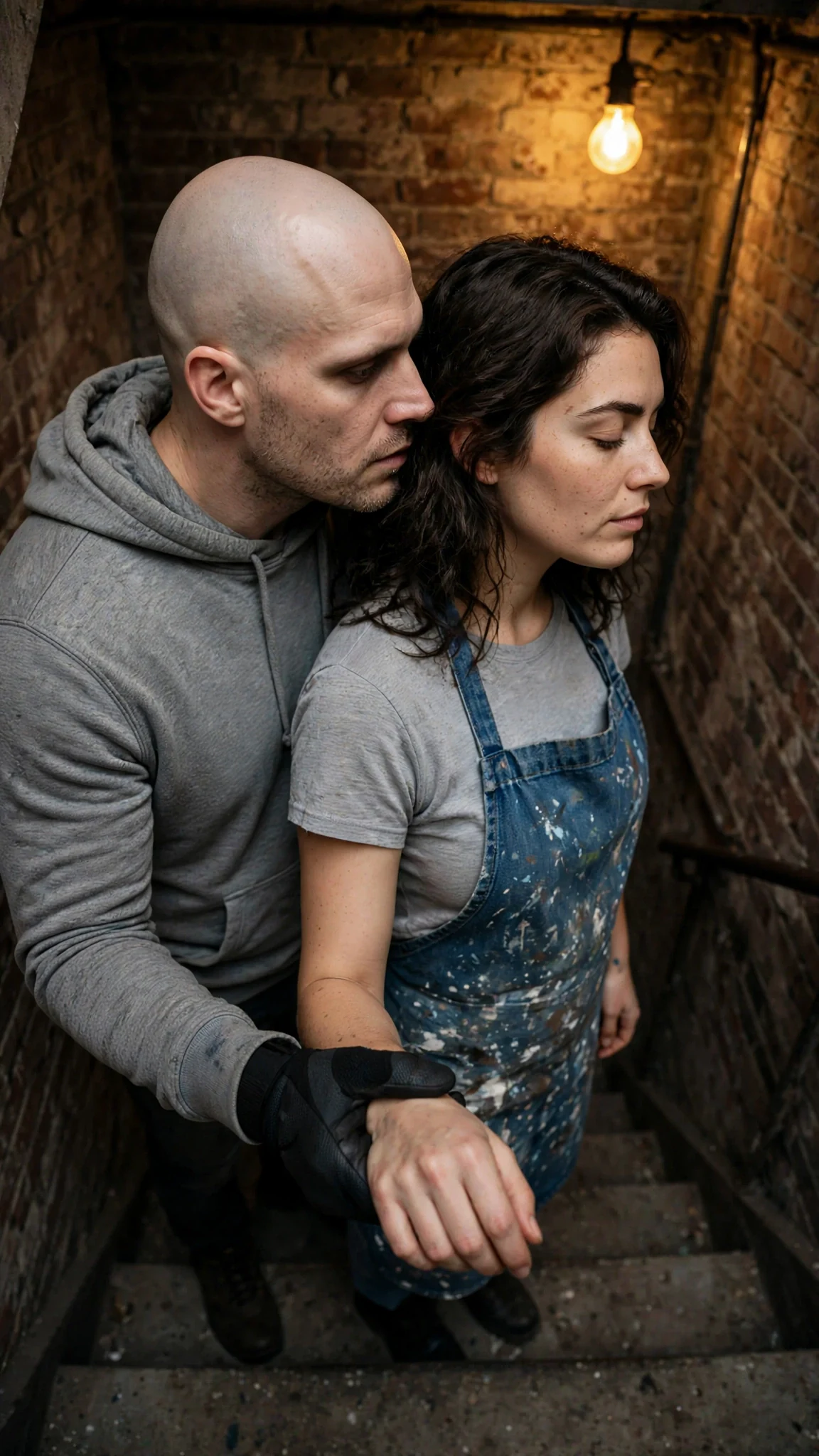Coyle leans close to Faye on the stairs, still holding her, speaking a flat threat.