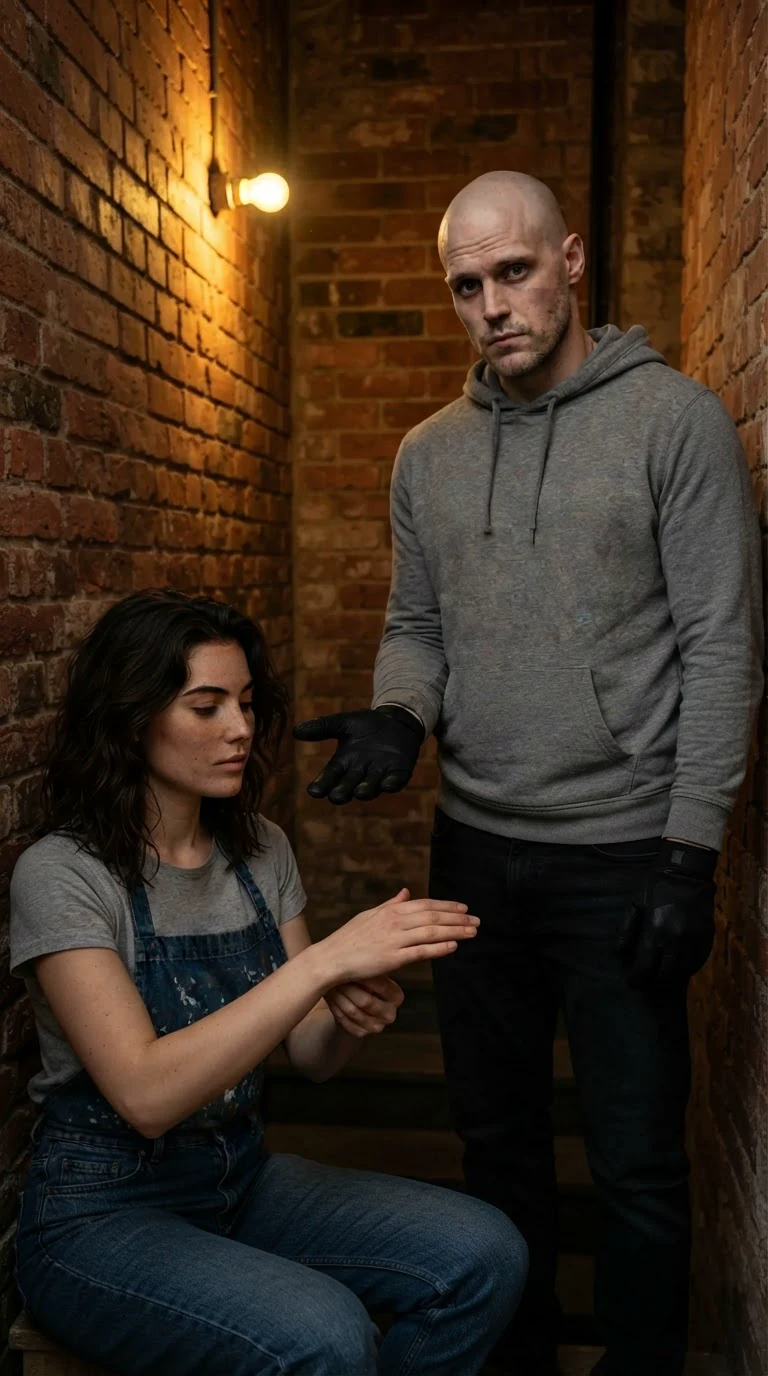 Coyle lets go of Faye's wrist and holds out an open gloved palm.