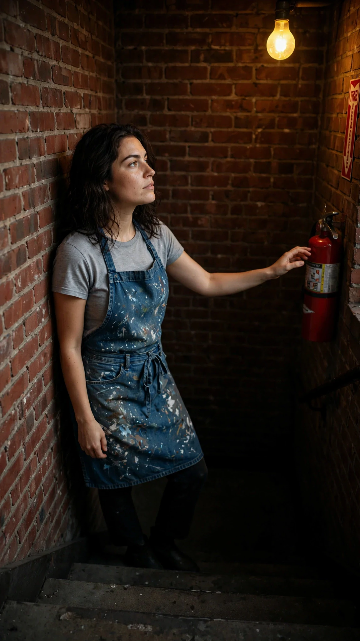 Faye stands with her back to the stairwell wall, the red fire extinguisher just behind her hip.