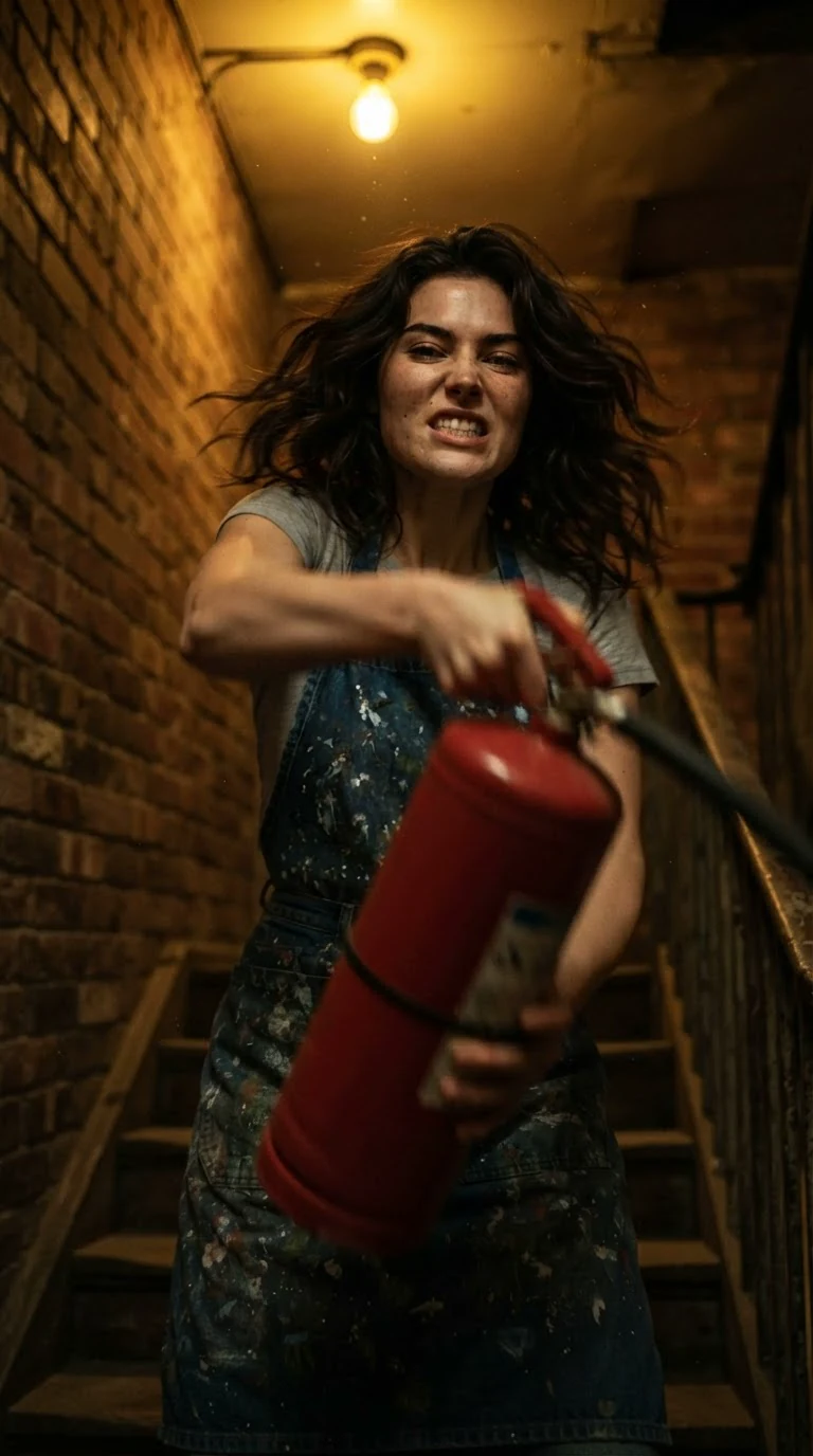 Faye swings the heavy red extinguisher up with both hands, face set.