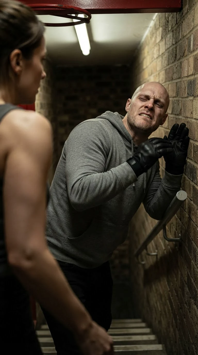 Coyle reels back against the stairwell wall, the extinguisher catching his jaw.
