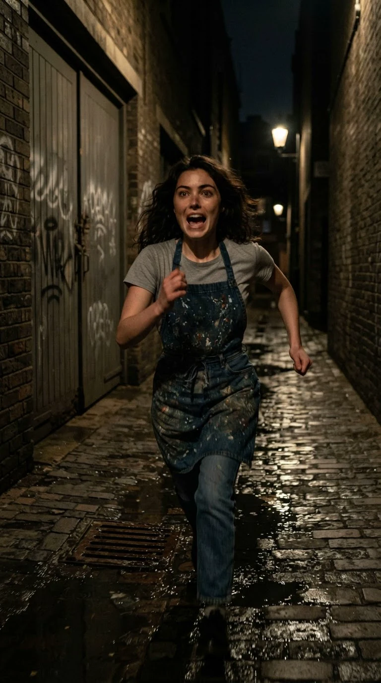 Faye runs alone down the wet brick alley past closed loading doors.