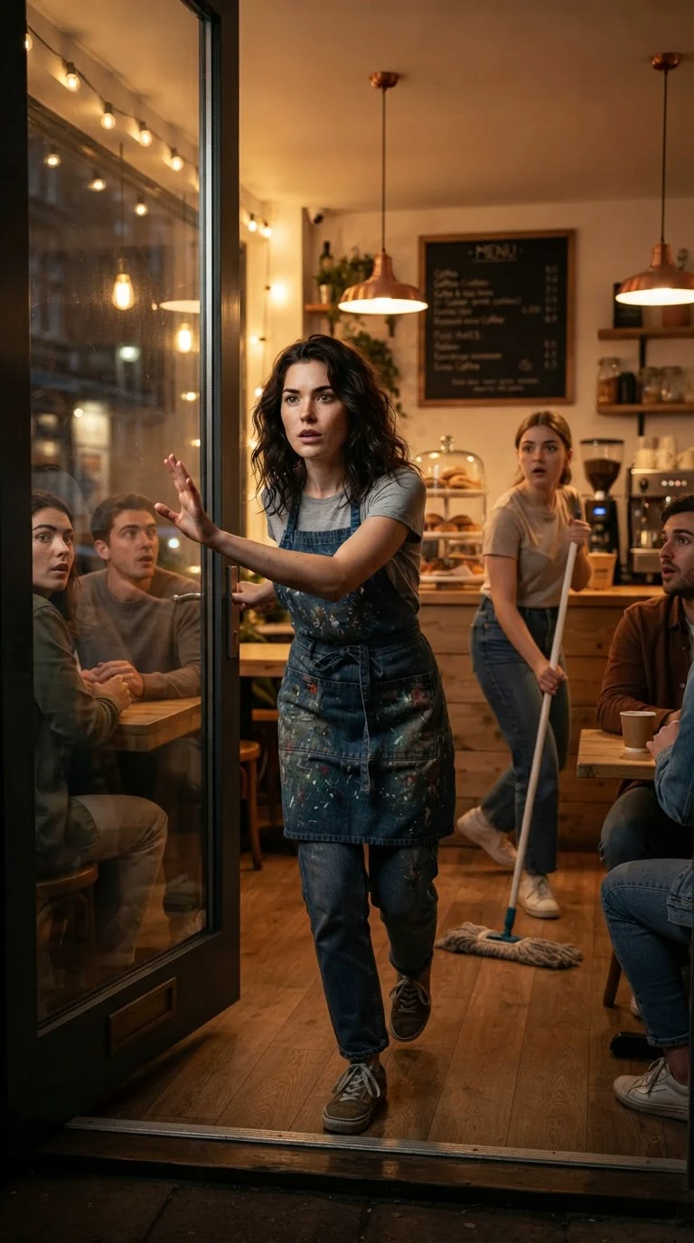 Faye pushes through the door of a bright corner café, customers turning to look.