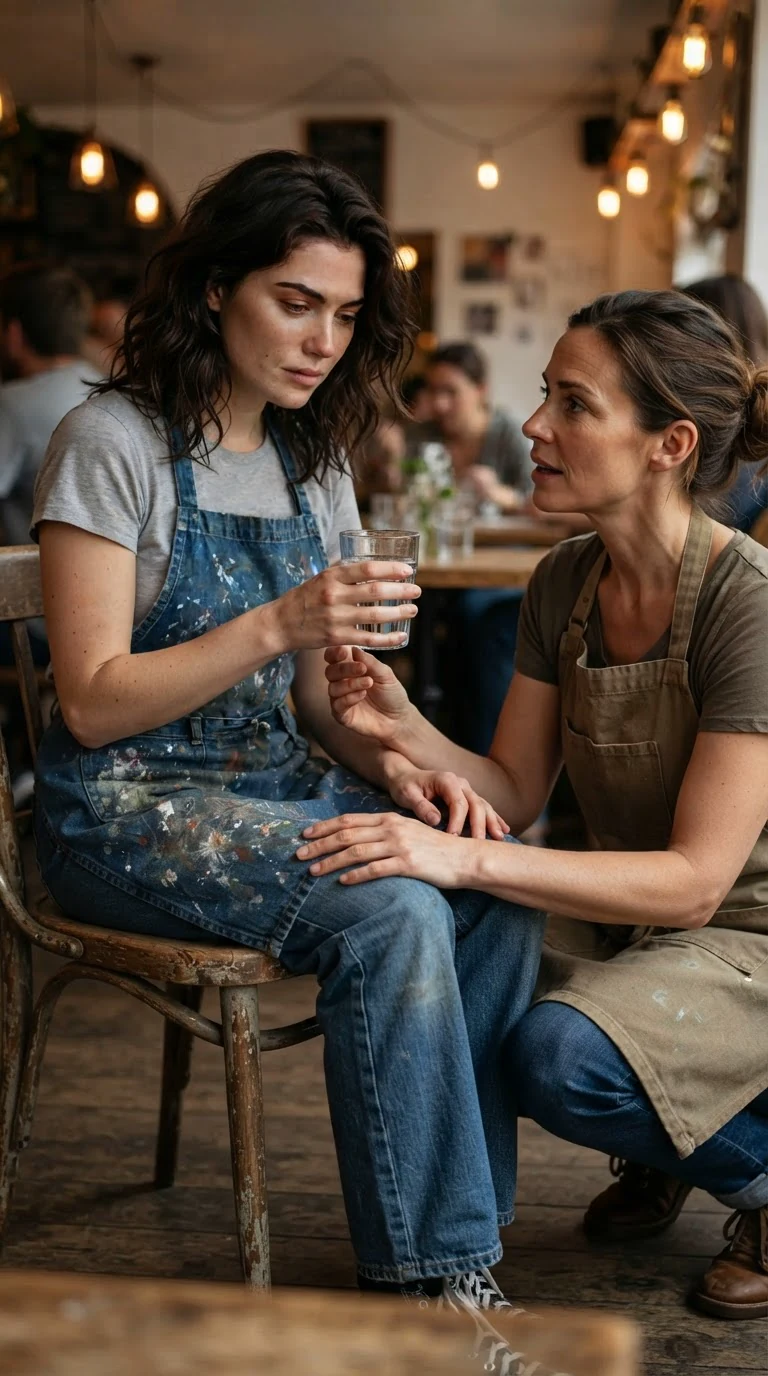 Faye sits on a café chair with a glass of water, a woman in an apron crouched beside her.