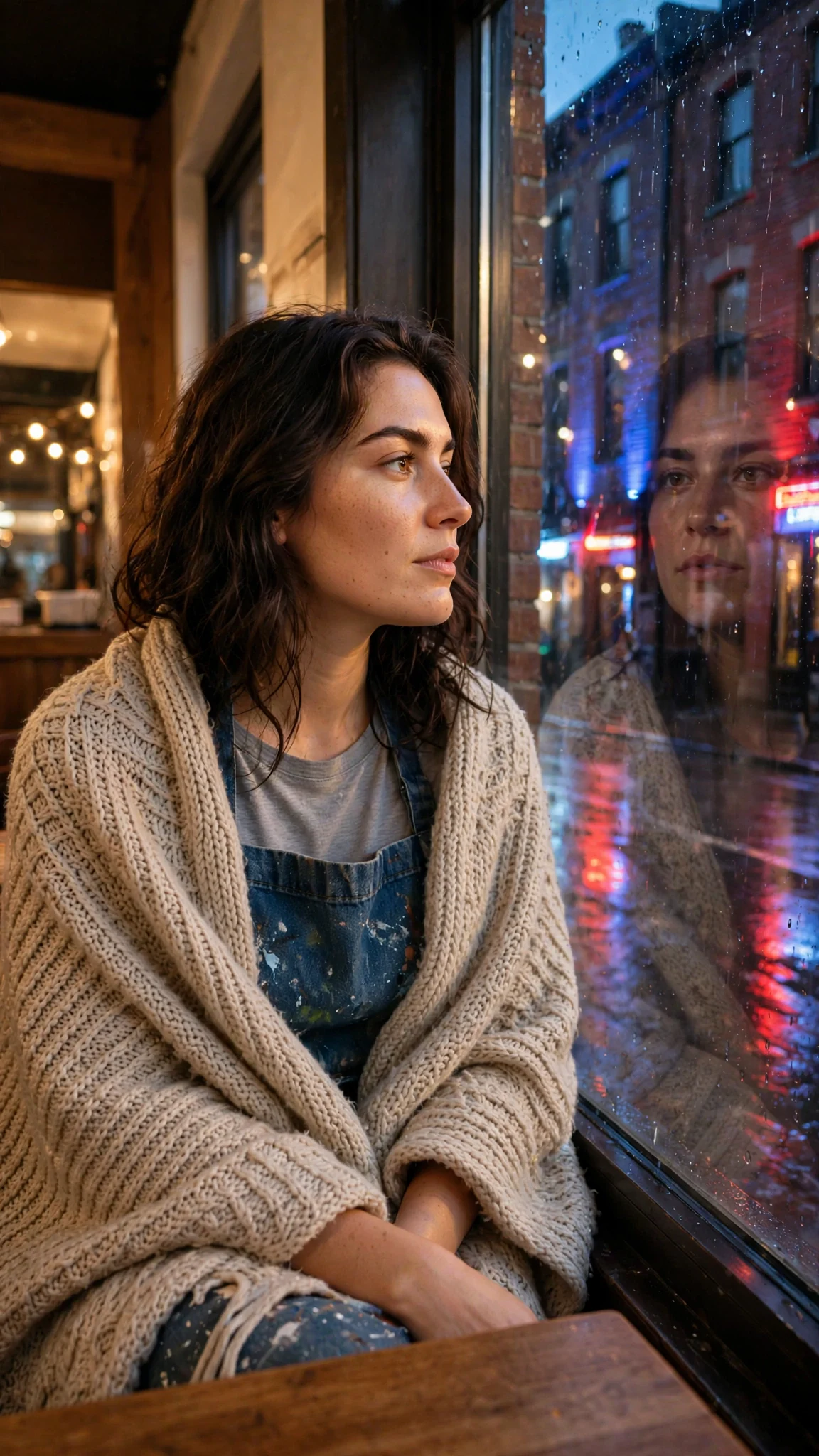 Faye sits by the café window, siren light faintly coloring the wet street outside.