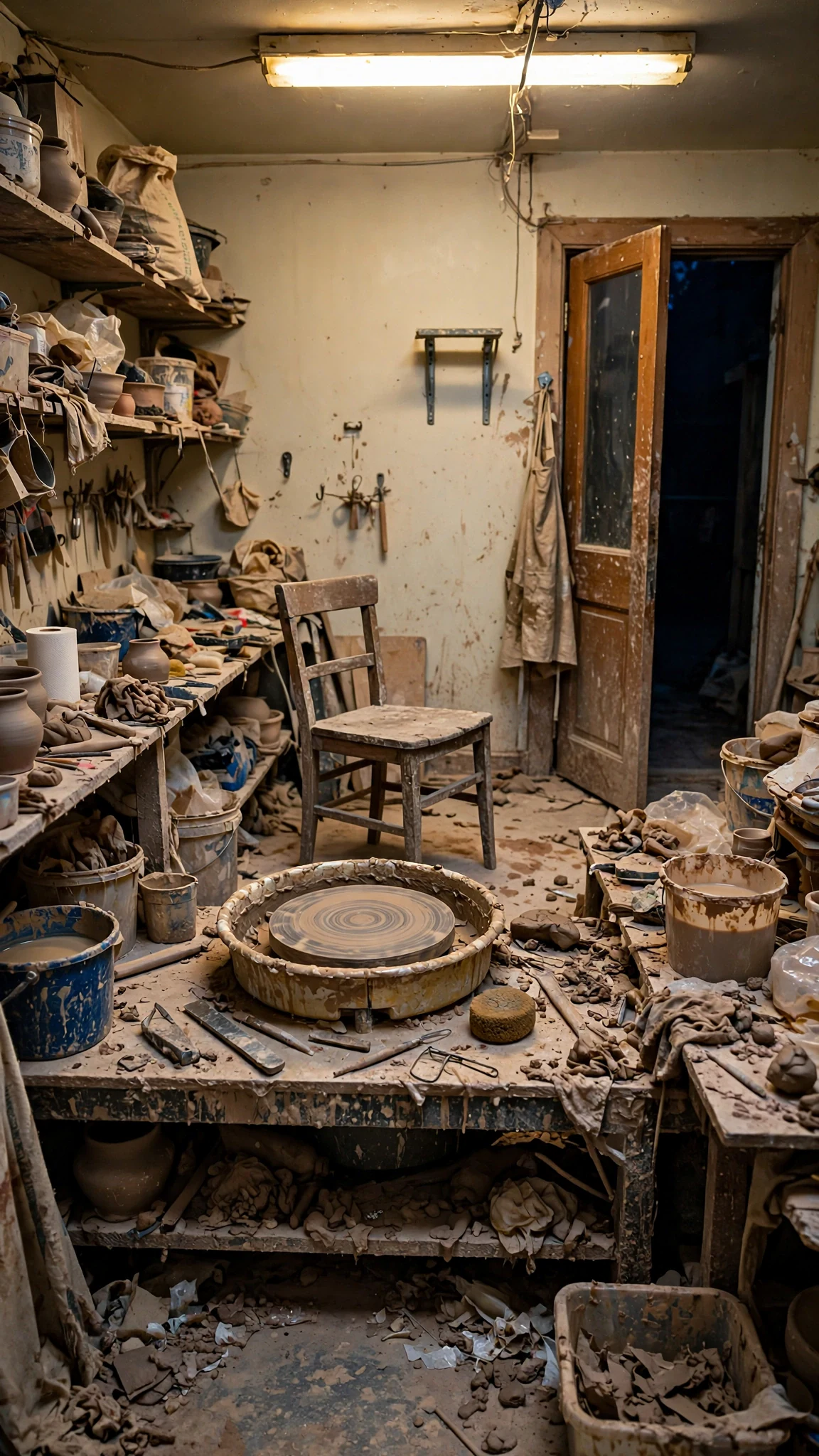 An empty pottery studio with the light left on and a chair pulled out from the wheel.