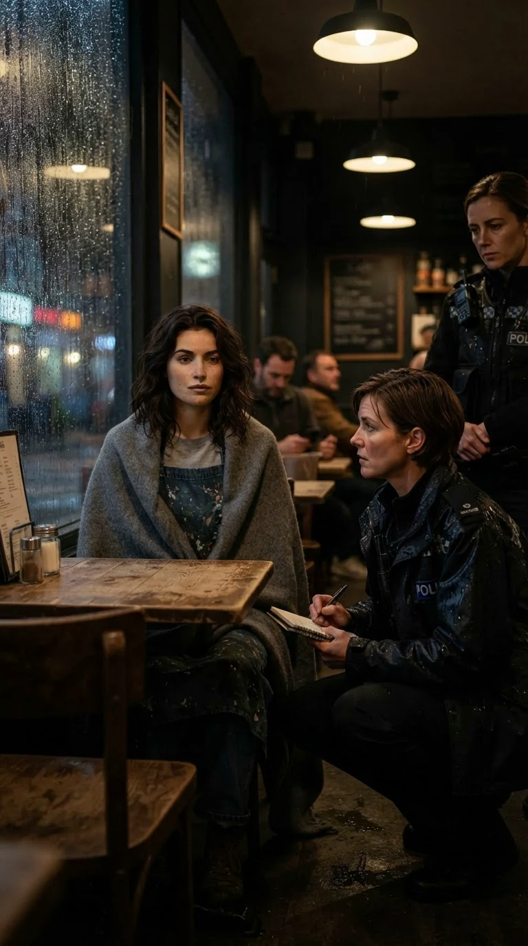 Faye sits wrapped in a blanket in a café while a police officer crouches in front of her.