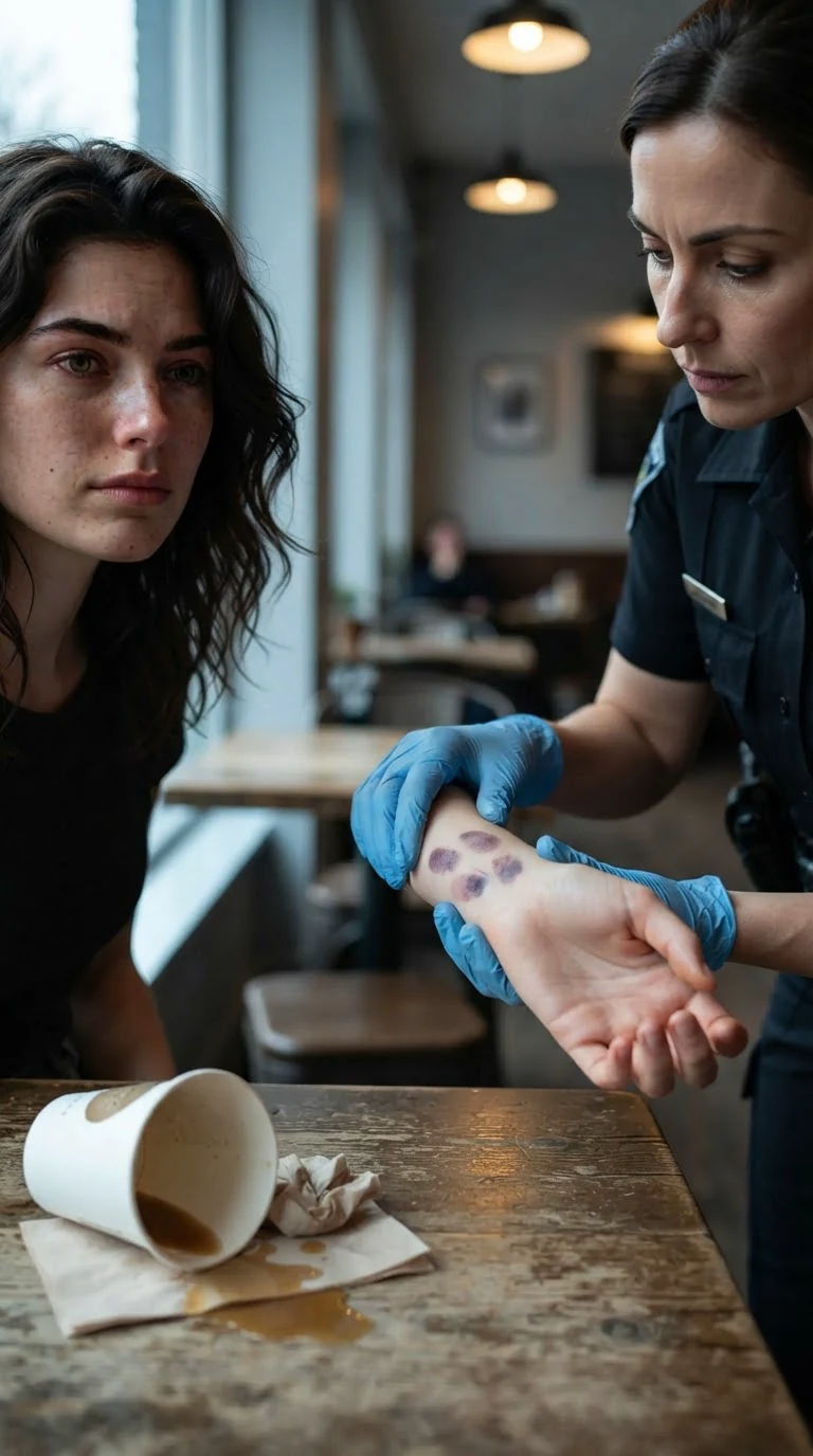 A police officer turns Faye's wrist to the light, showing four dark finger marks.