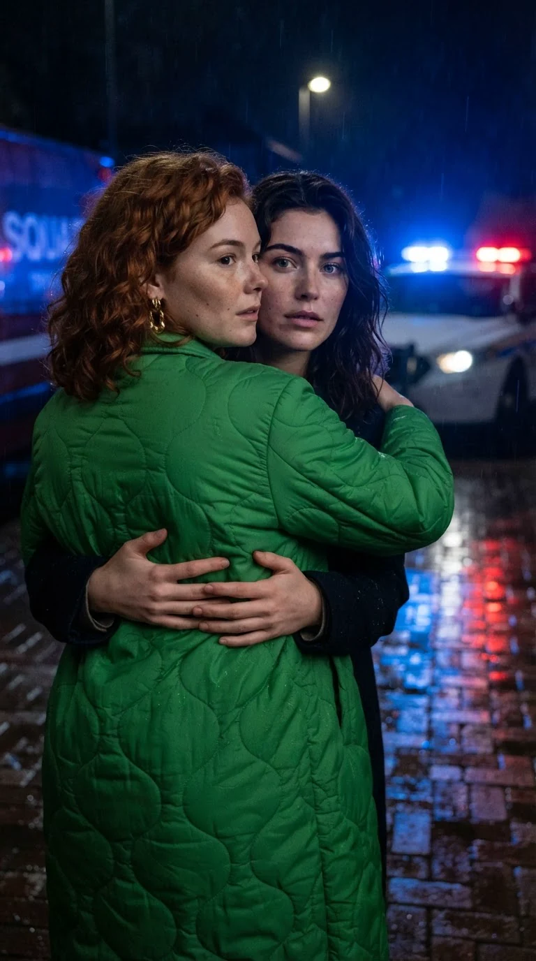 Marcy in her green coat hugs Faye hard in the dark yard.