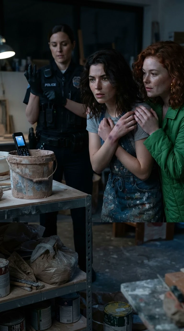 A cheap phone rings inside a plastic clay bucket while three women stare at it.