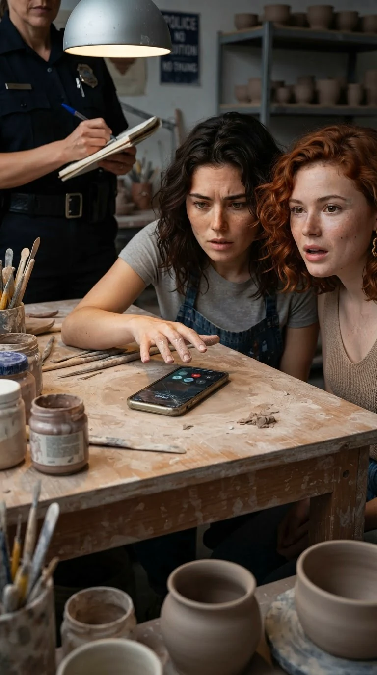 Faye and Marcy listen to a voice on a phone lying on the worktable.