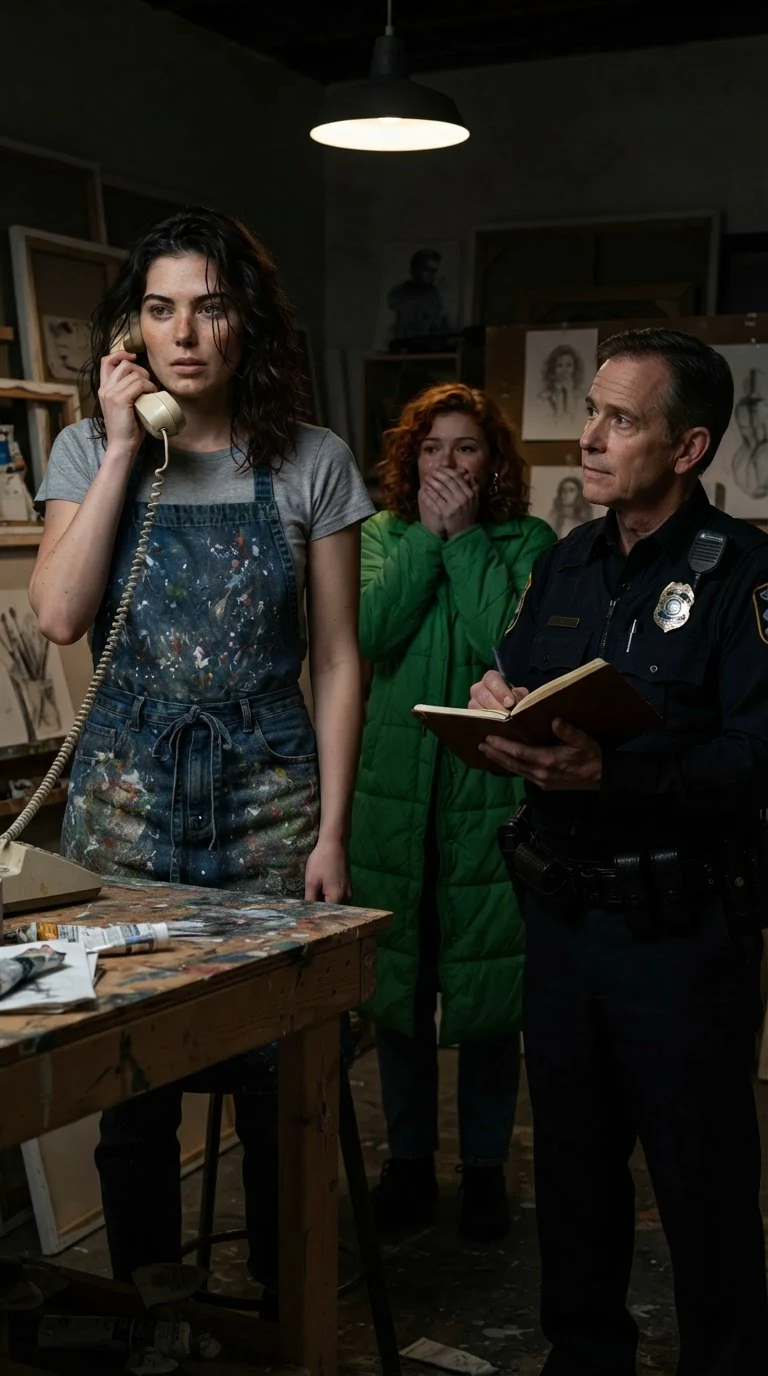 Faye's face goes hard while Marcy covers her mouth and the officer writes.