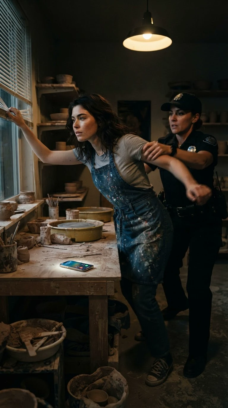 An officer pulls Faye back from the window by her arm.