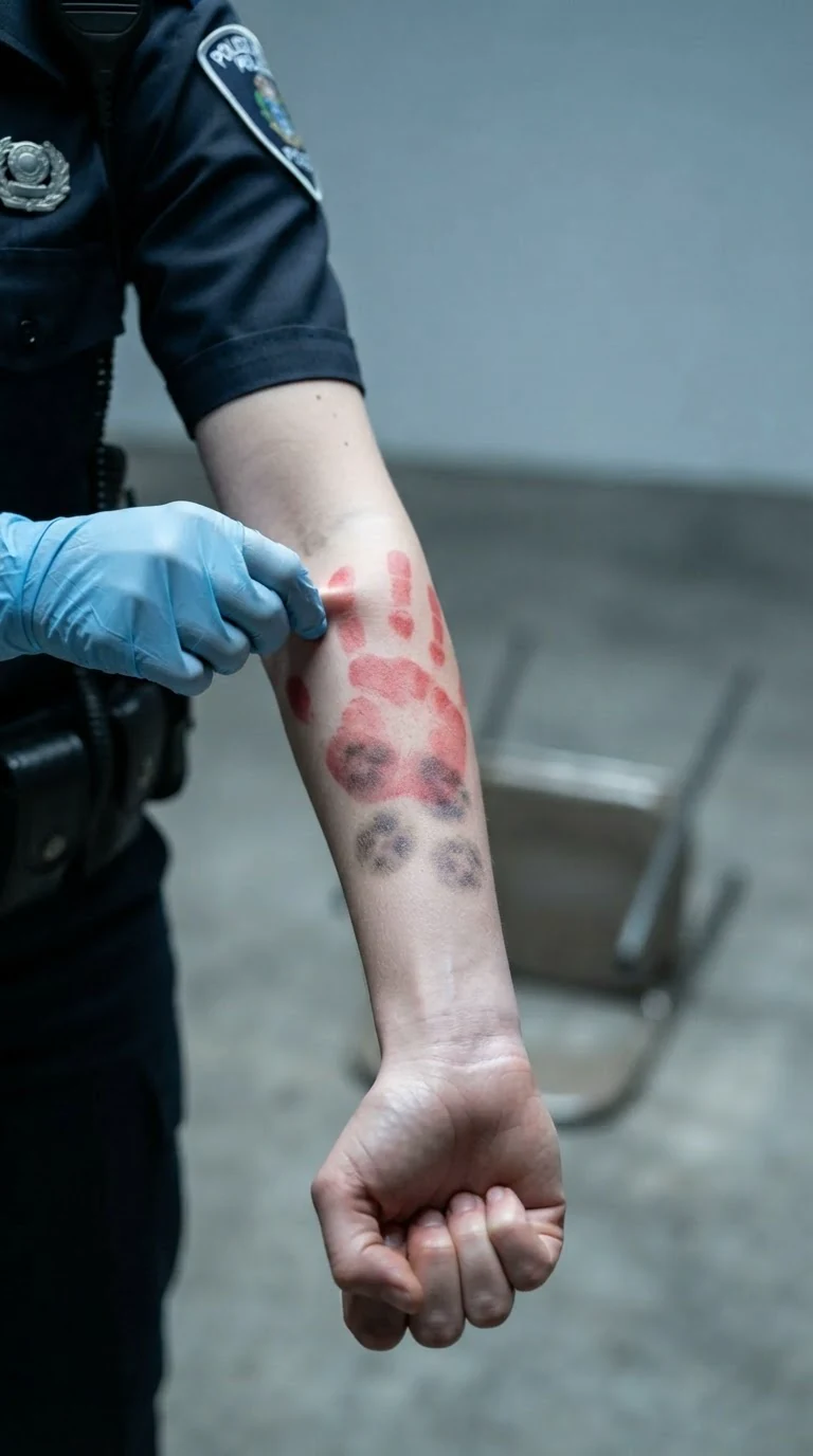 A close view of finger marks and a fresh red print on Faye's arm.