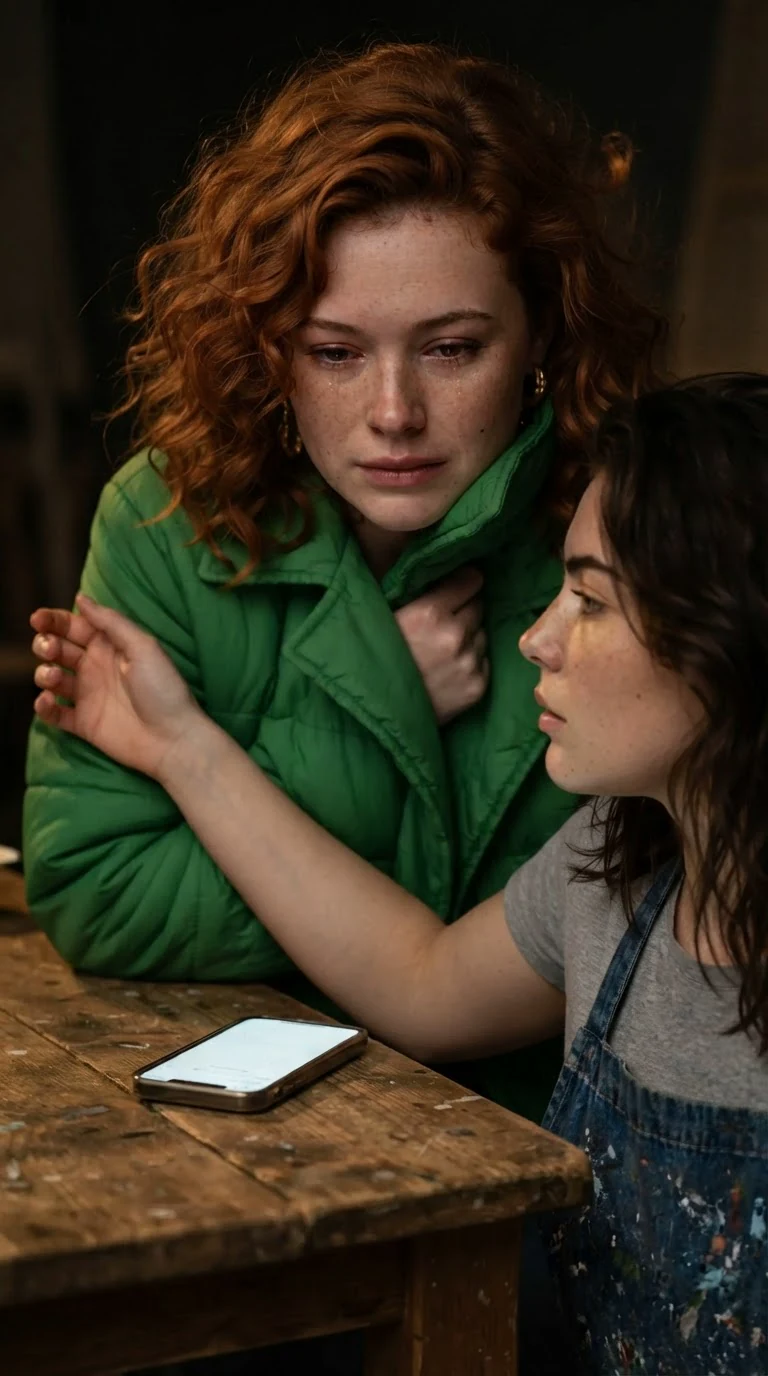 Marcy stares at the phone in horror while Faye turns toward her.