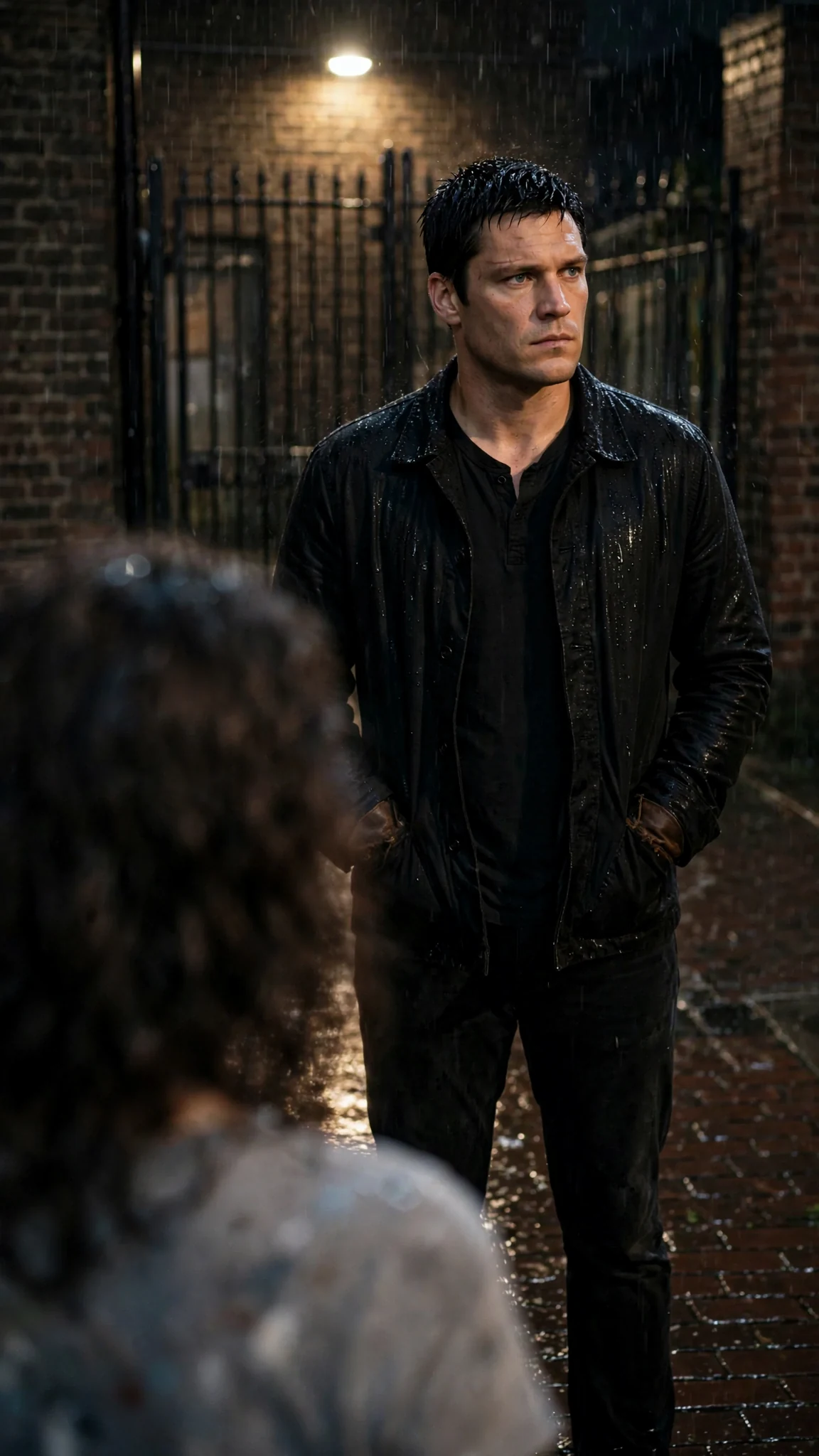 A tall man in a black jacket waits at the yard gate in the rain.
