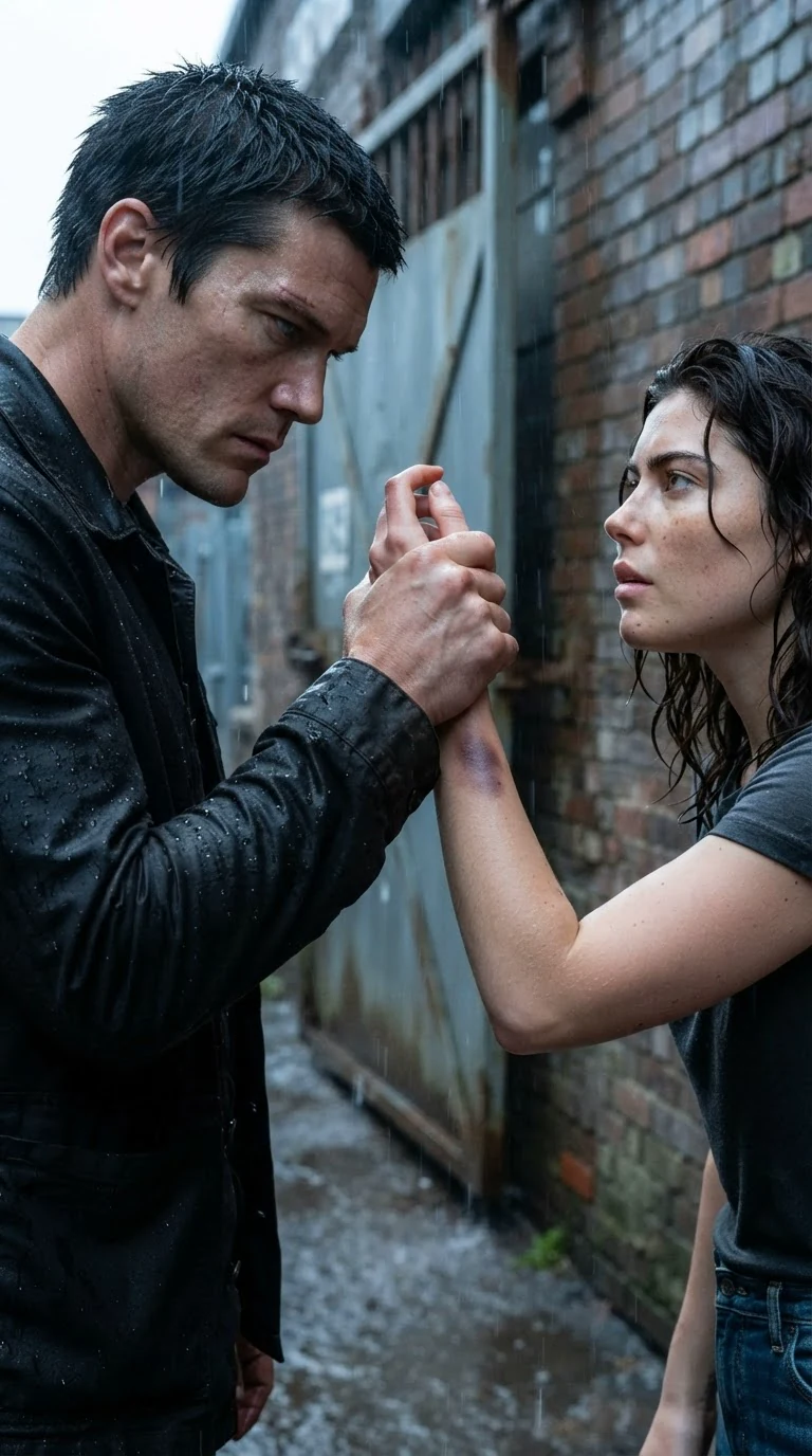 Gideon lifts Faye's hand in the rain, his thumb under the marks.