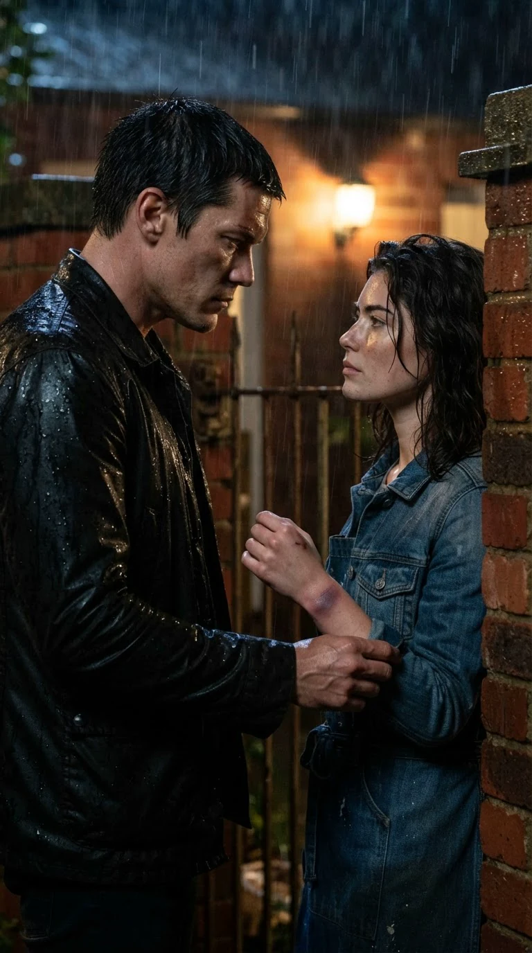Gideon answers Faye flatly, rain running off his jaw.