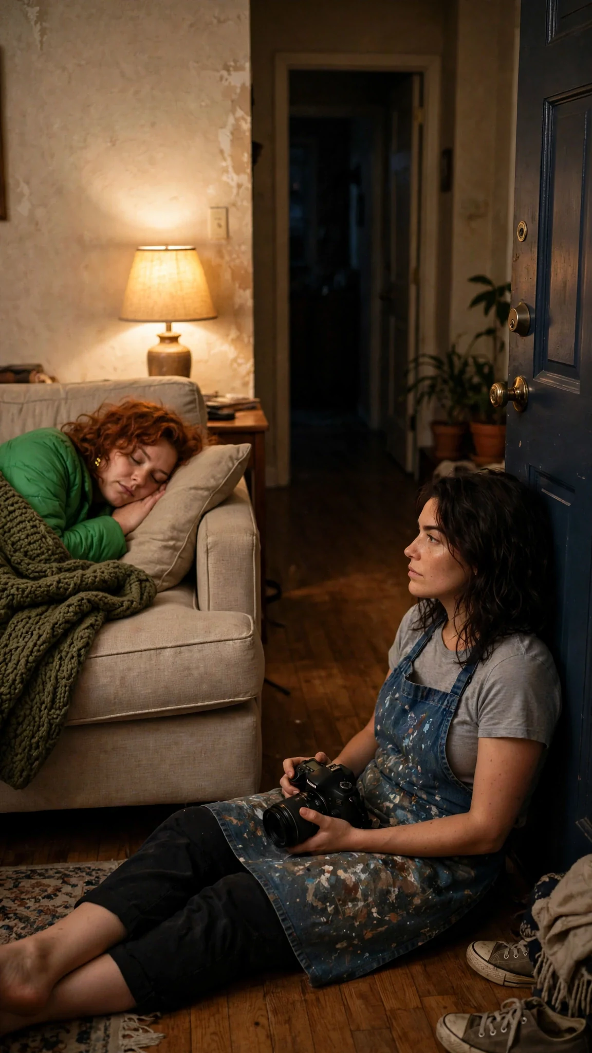 Marcy sleeps on the couch while Faye sits on the floor against the door.