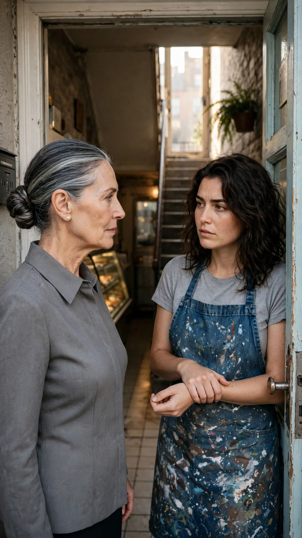 A woman in a tailored gray blouse stands in a small bakery apartment doorway at morning, and a younger woman with dark wavy hair holds a bruised wrist.