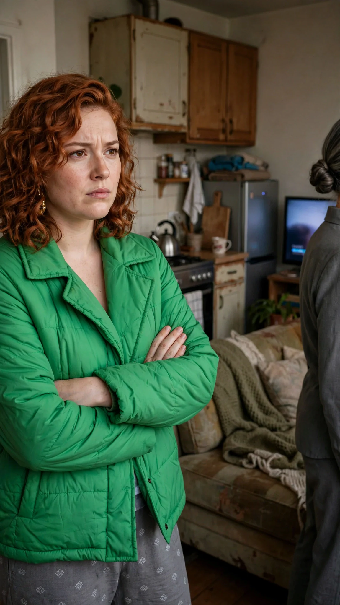 A curvy redhead in pajamas stands in a small kitchen with her arms crossed, glaring at an older woman.