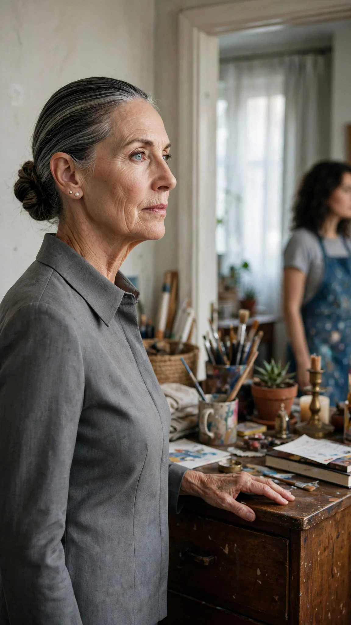 An older woman in gray walks through the small apartment touching furniture like she is making a list.