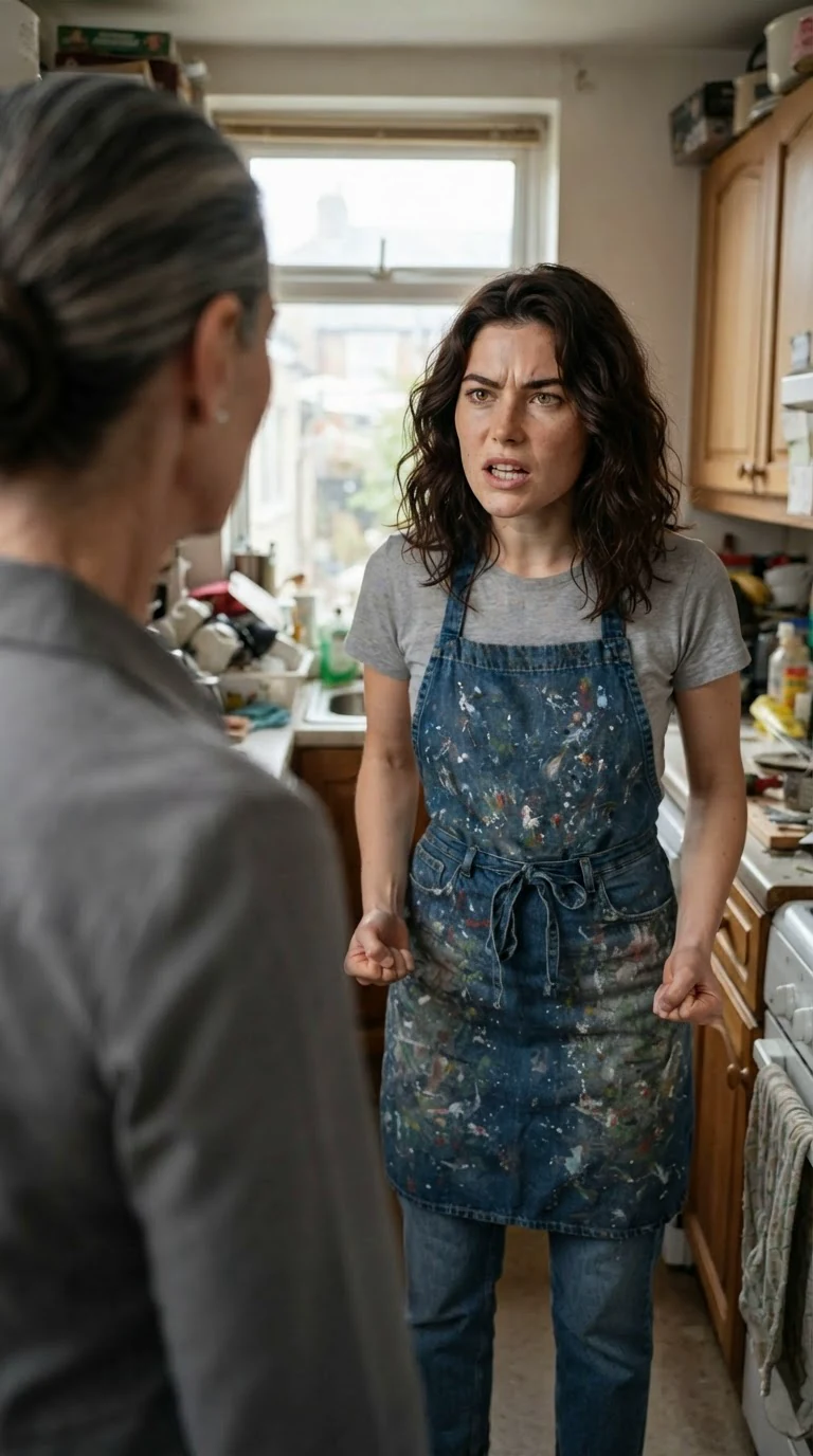 A young woman in a denim apron stands in a kitchen, fists at her sides, facing her mother.
