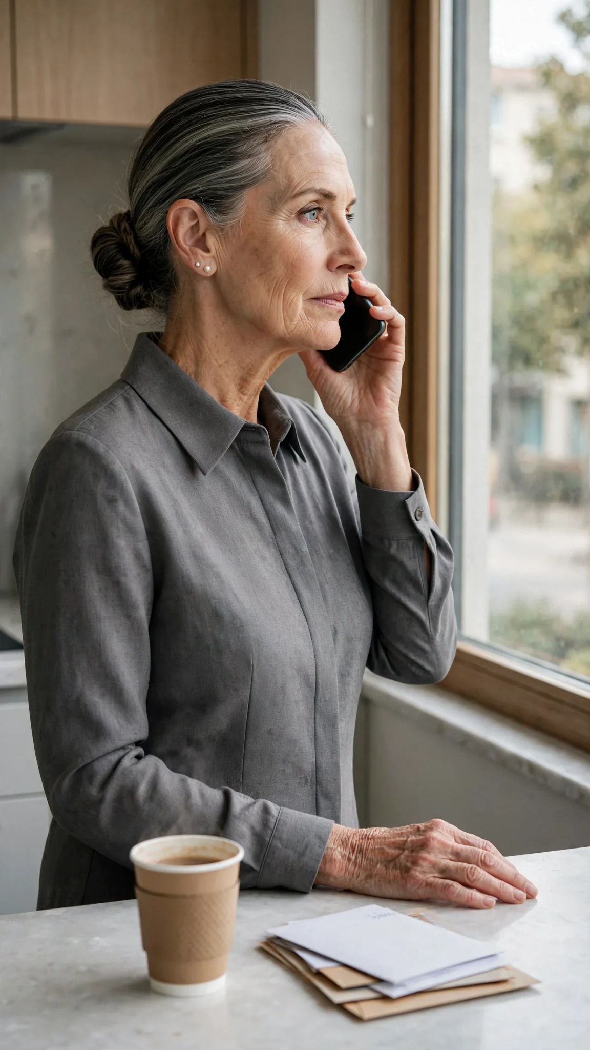 A middle-aged woman holds a phone to her ear by a kitchen window, her posture straight and final.