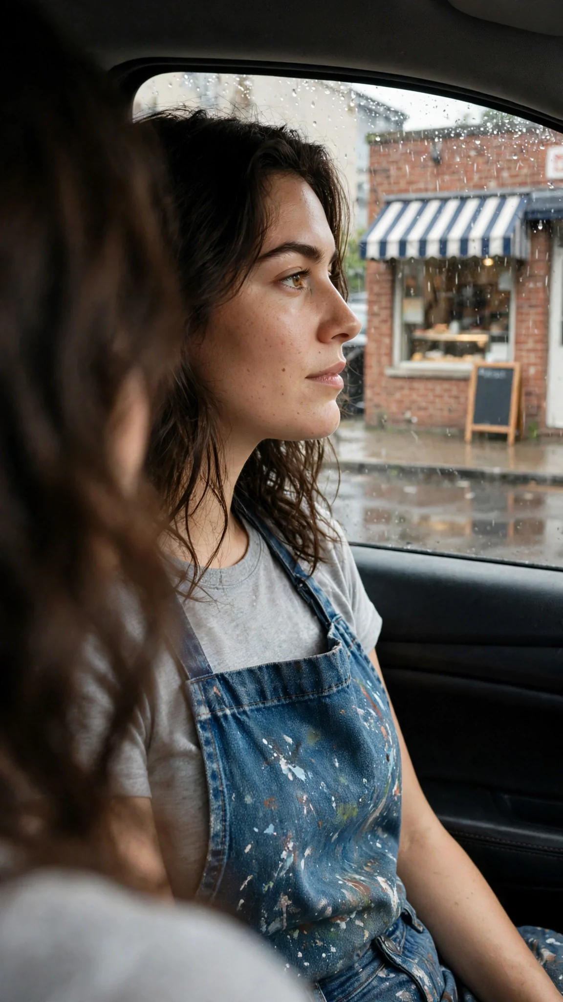 Through a car window, a small bakery sign shrinks as a luxury car pulls away down a wet street.