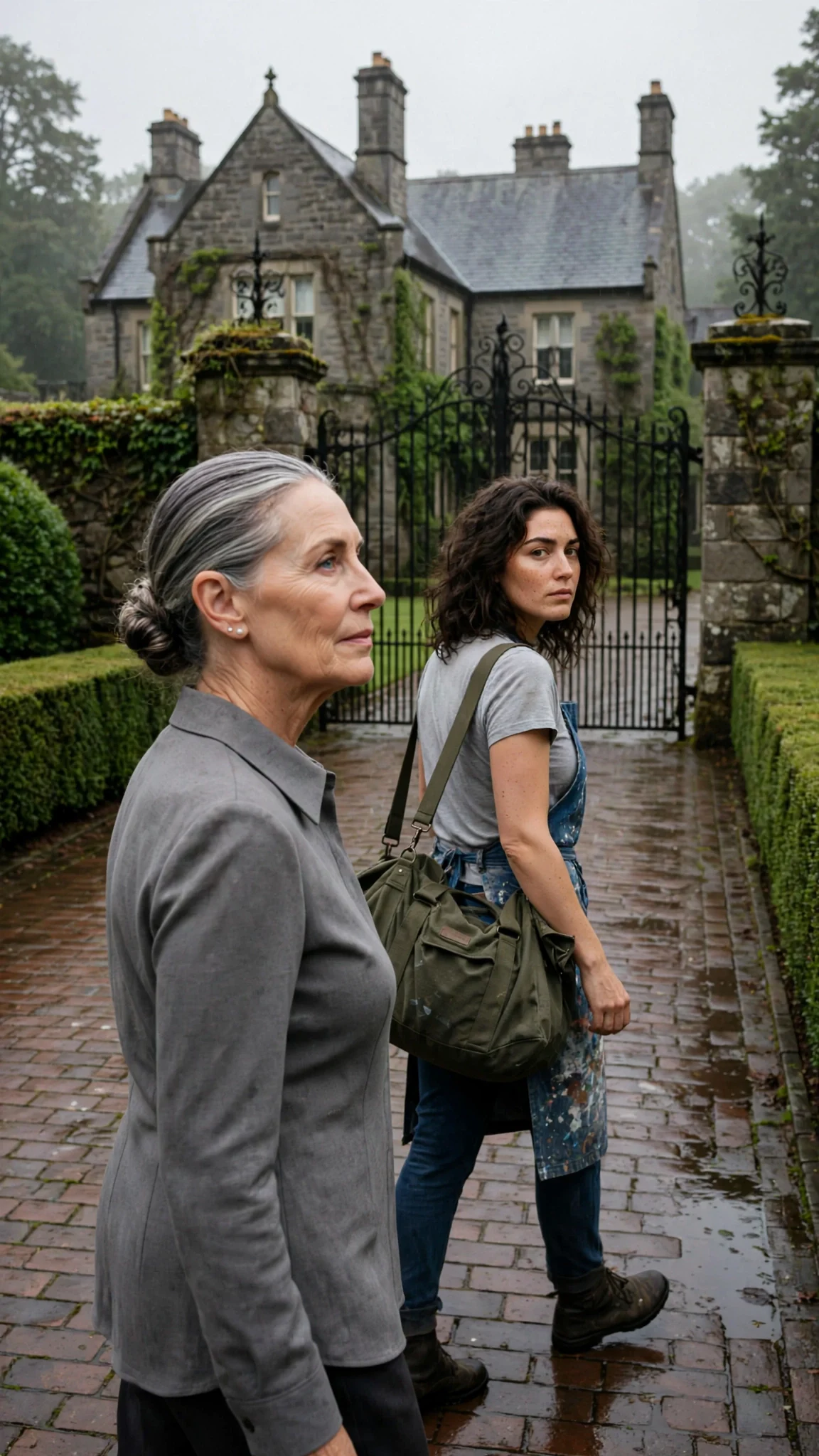 A tall iron gate swings shut behind a dark car, an older woman and younger woman walking toward a large quiet house.