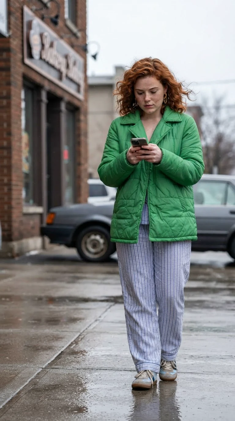 A woman in a bright green coat hugs a redhead in pajamas on a sidewalk, both holding phones.