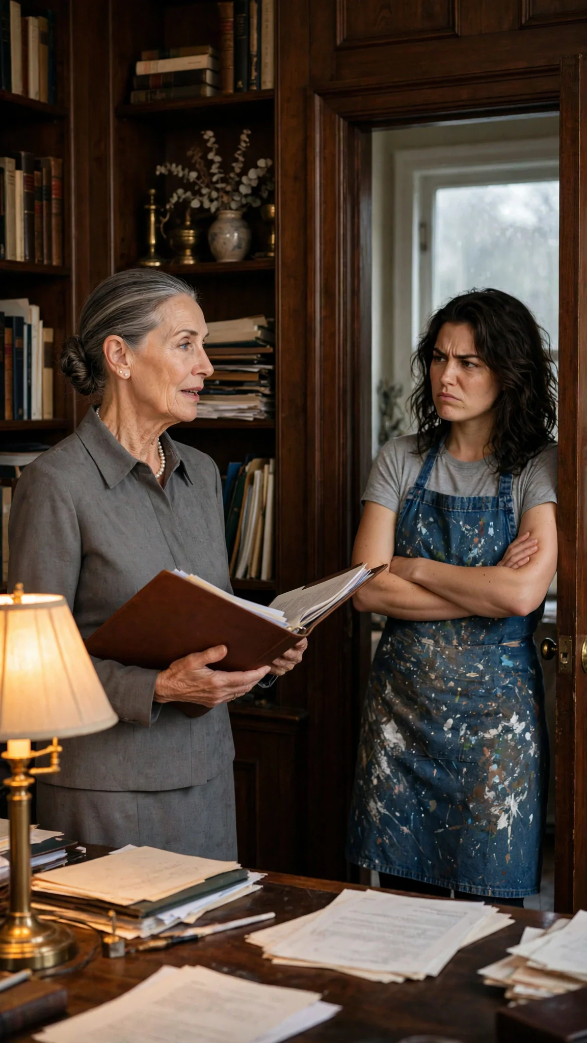 An older woman stands in a wood-paneled study with a folder open, talking to her daughter in a doorway.
