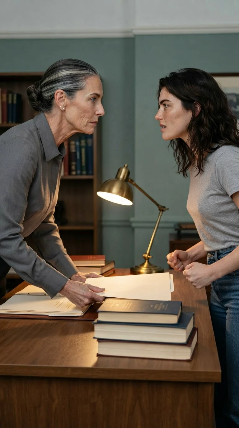 Two women face each other across a study desk, both tense, the older one with a folder in her hands.