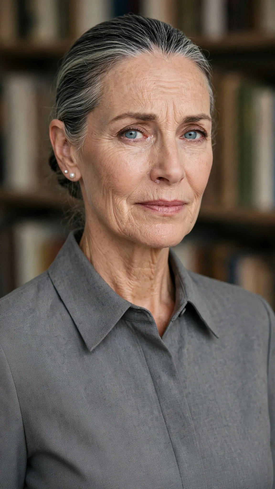 An older woman's face softens, close up, pearls at her throat, eyes sad and certain.