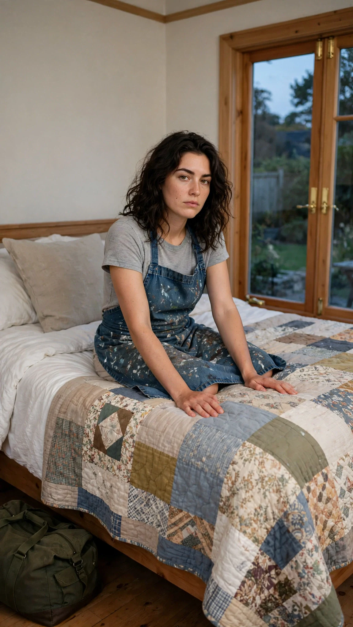 A young woman's hands flat on a patchwork quilt in a strange, tidy bedroom.