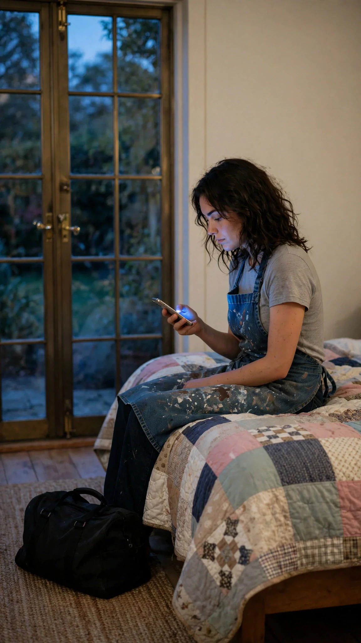 An empty, tidy bedroom at dusk, a duffel bag on the rug and a phone glowing on the quilt.