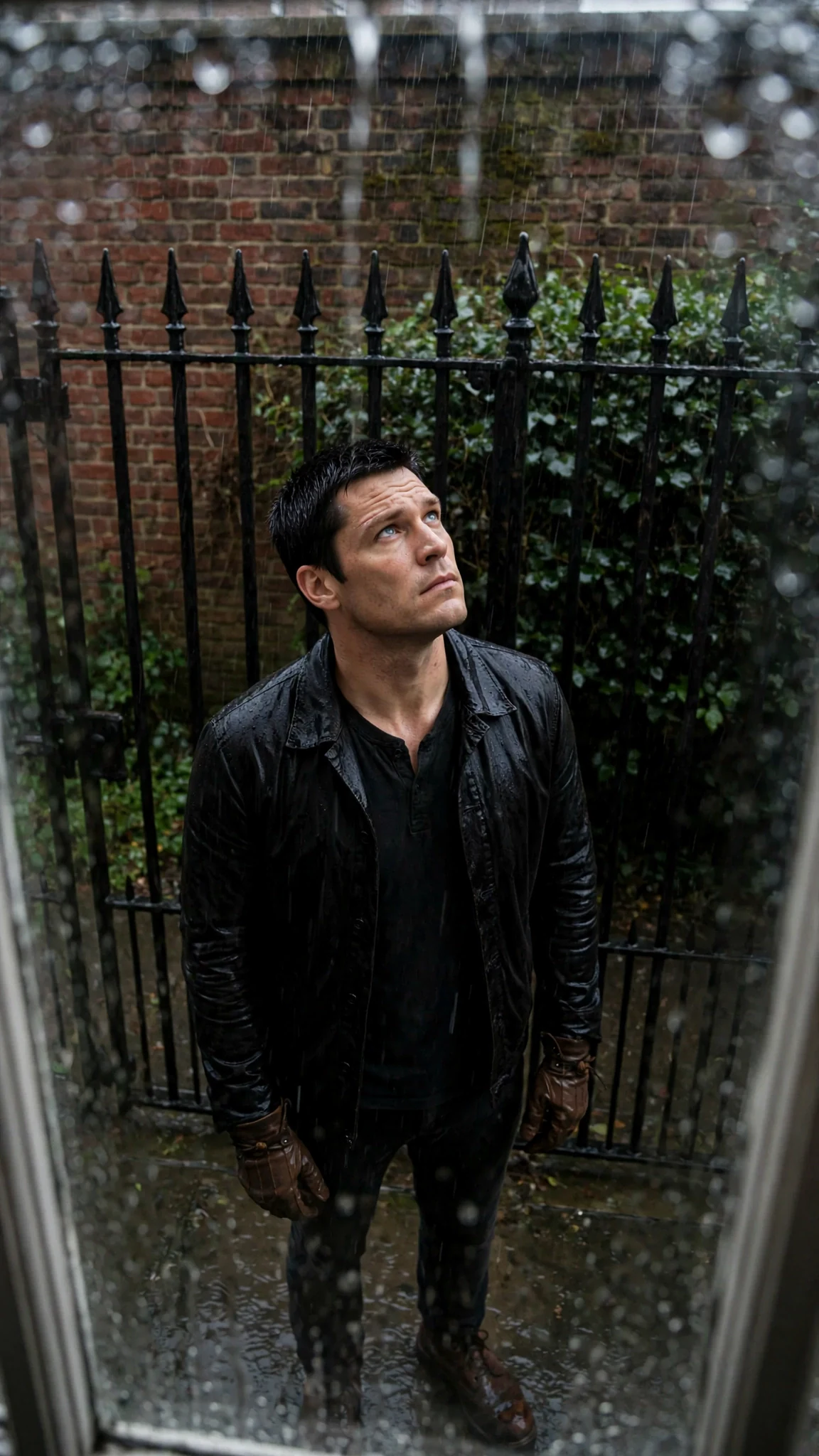 Through a rain-spattered upstairs window, a tall man in a black jacket stands outside an iron gate, looking up.