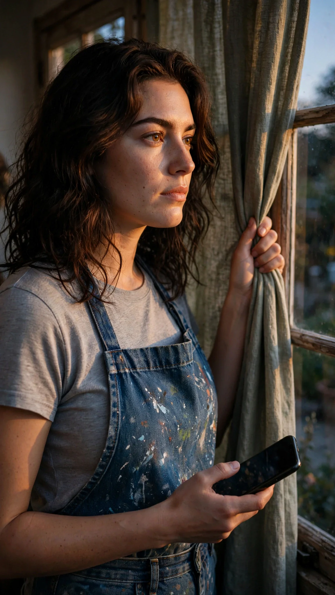 A young woman pulls a curtain closed and stands in the dark of a strange bedroom, jaw set.