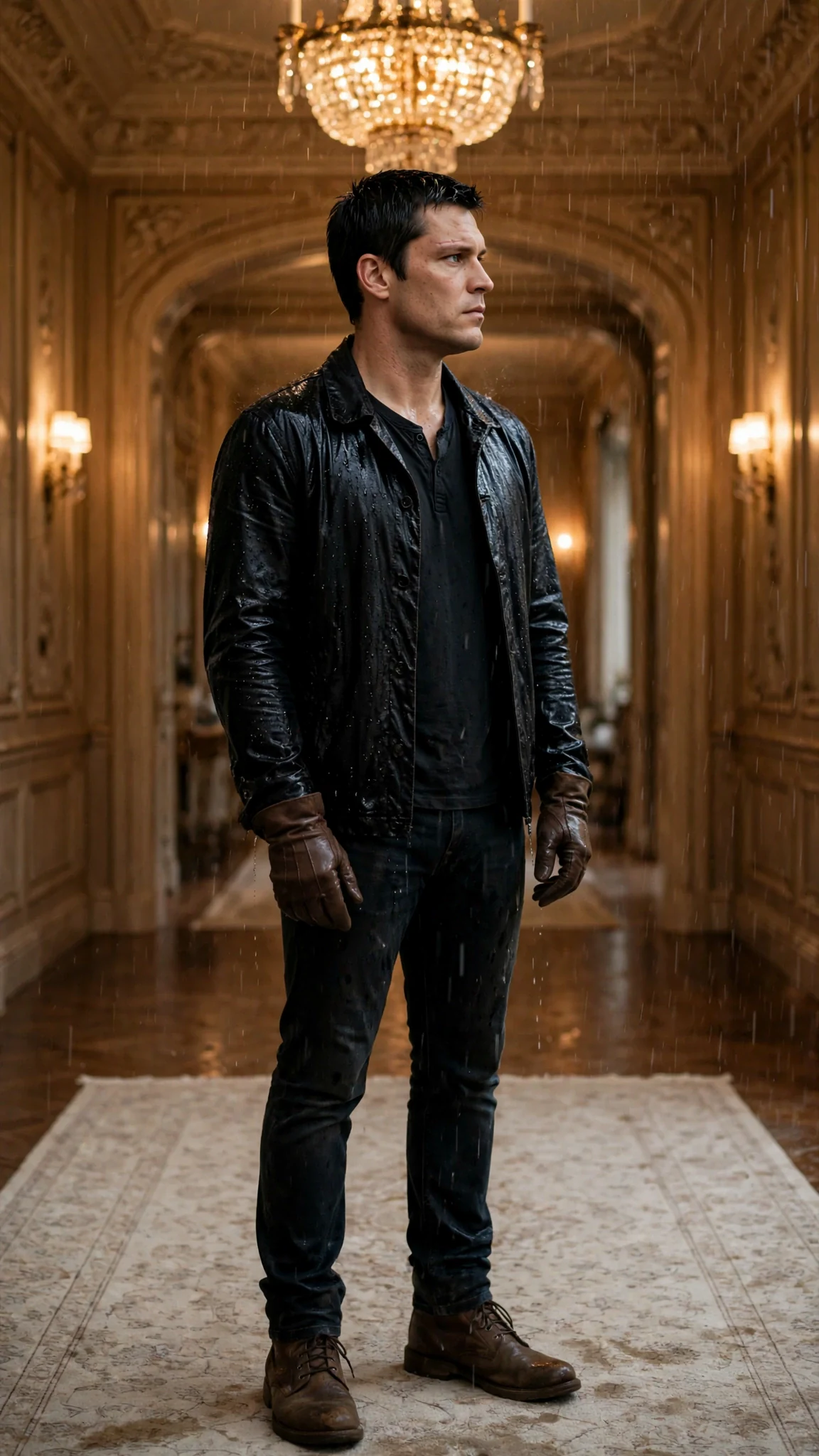 A tall scarred man stands dripping on the rug, scanning the hall.